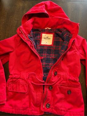 Hollister Heritage Girls Red Hooded Drawstring Utility Parka Flannel Lining Med